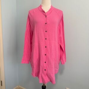 Paintcolors Women’s Long Sleeve Button Down Pink Gauze Tunic Top Size M
